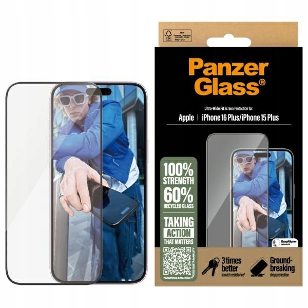 Sklo Panzerglass pro iPhone 16 Plus, tvrzené, 9H, silné na přední displej