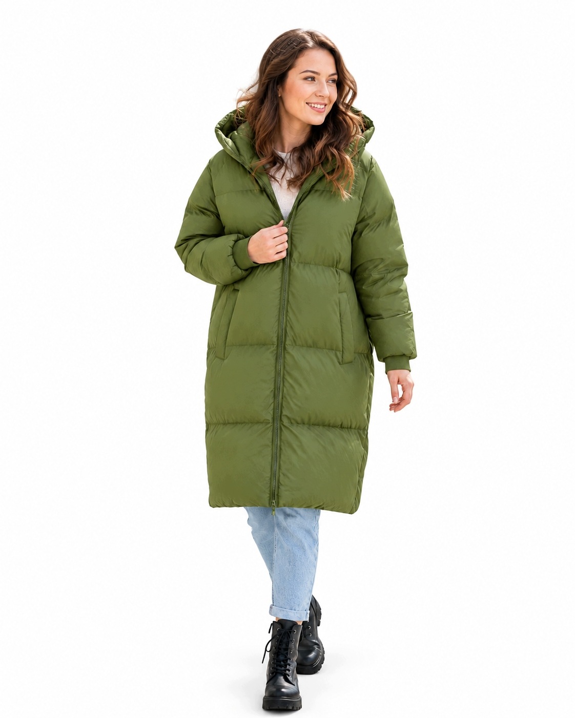 0026 Dlouhá silná zimní bunda Oversize s rozepínacími boky Zelená XL
