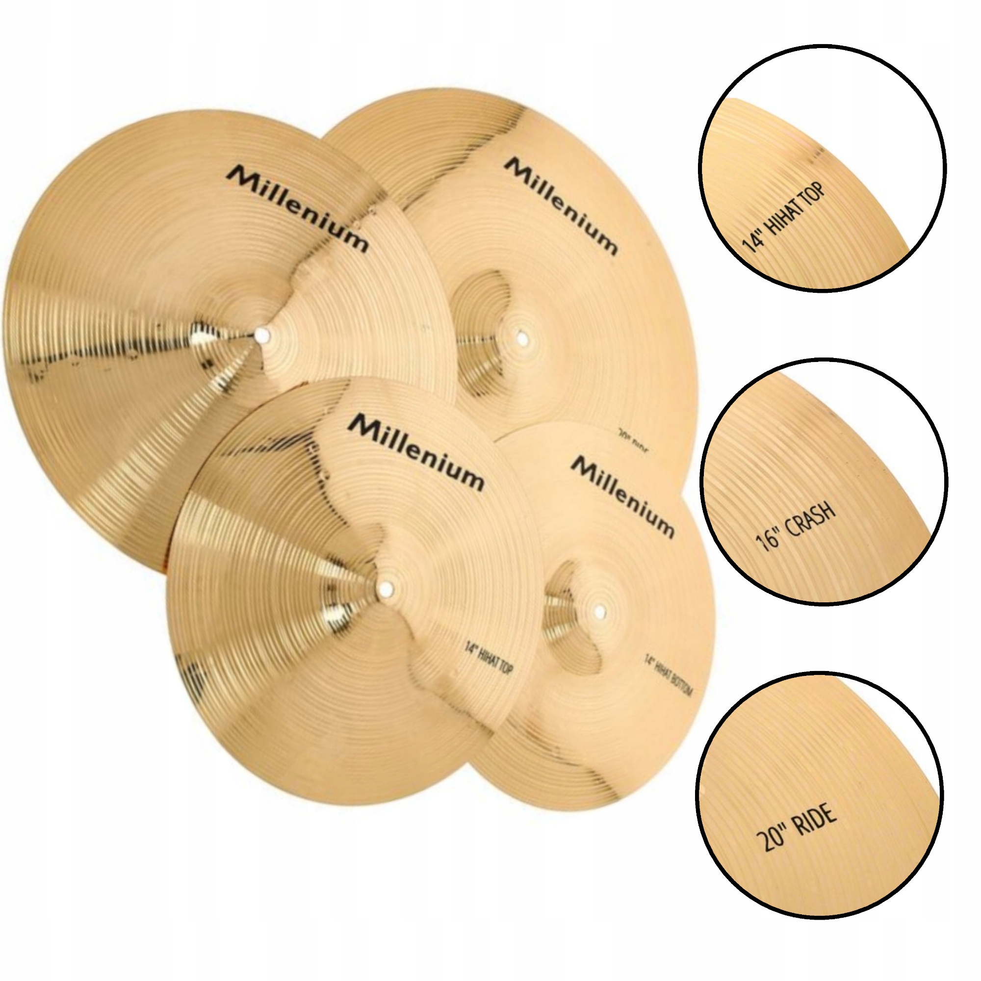 Brass Cymbal Set Zestaw talerzy z mosiądzu HiHat14 Crash16 Ride20 Millenium