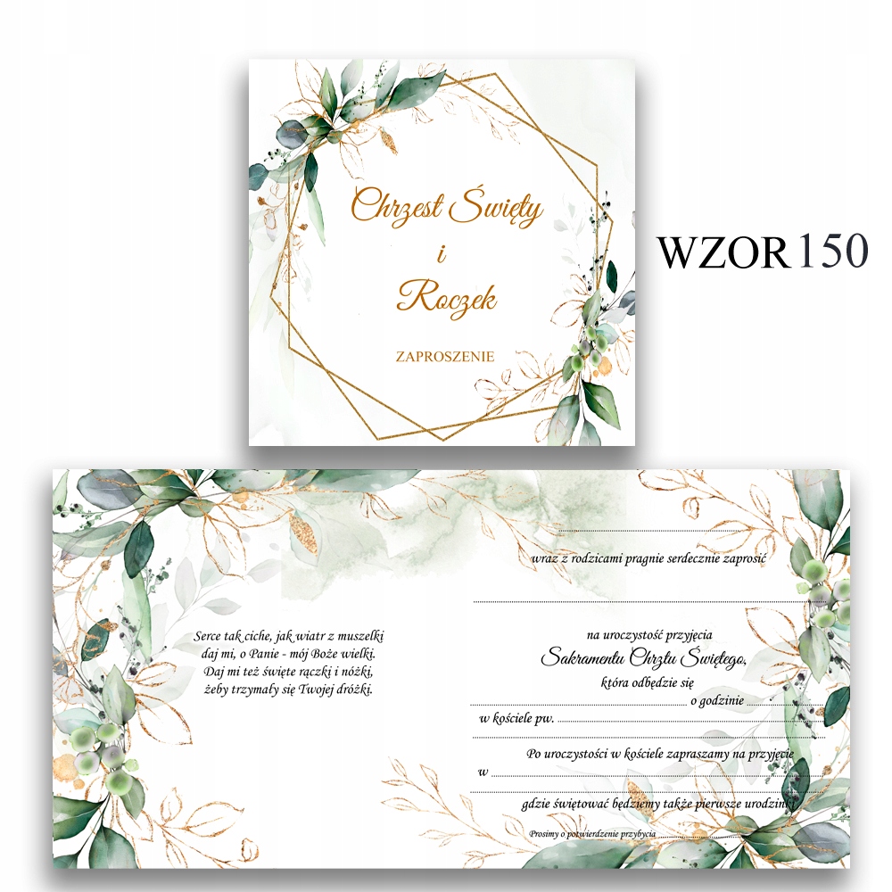 ZAPROSZENIA NA CHRZEST I ROCZEK 1szt KOPERTA LISTKI ZIELONE 150 Kolor zielony