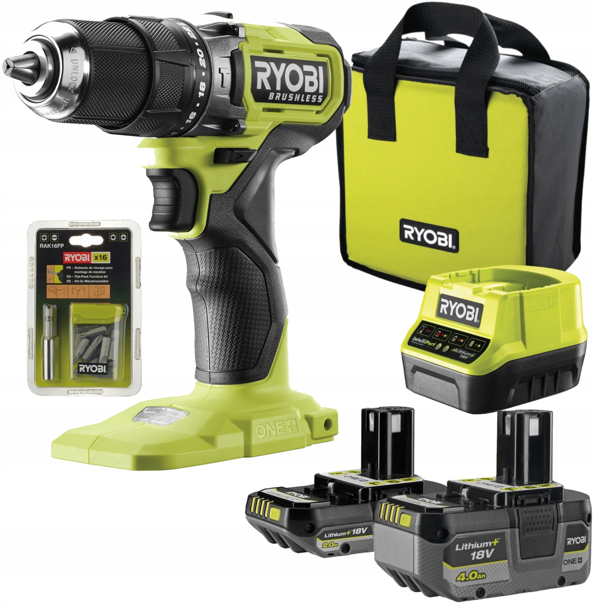 Ryobi Wiertarko-wkrętarka Ładowarka 4AH 2AH Zestaw bitów 15x25mm