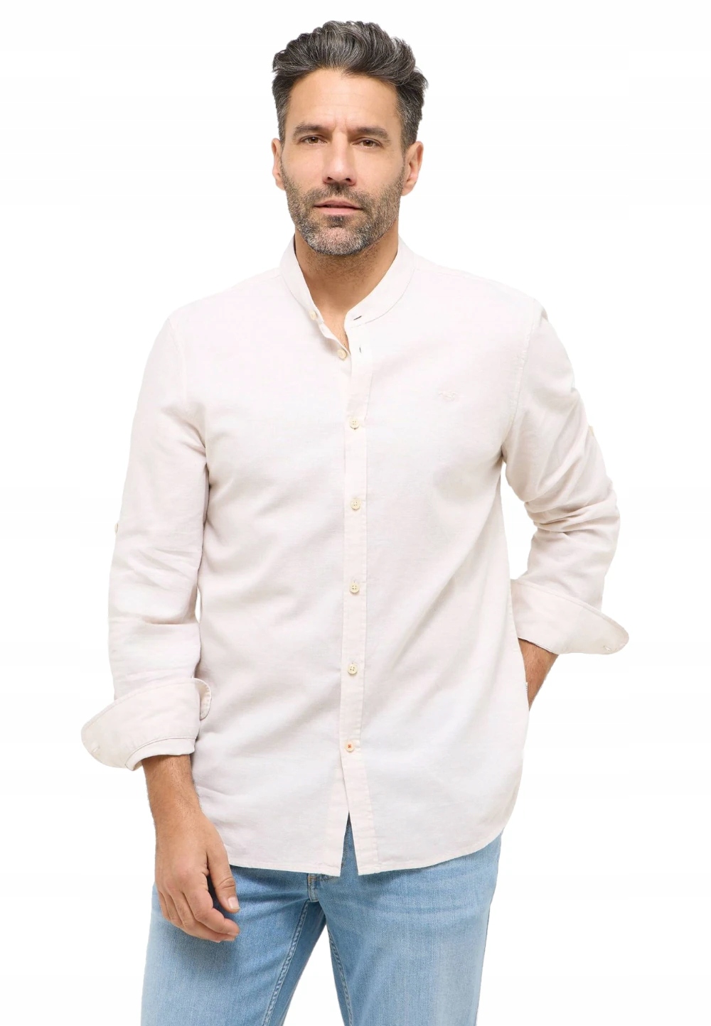 Lněná Pánská Košile Se Stojáčkem S Dlouhými Rukávy Regular Béžová Mustang XL