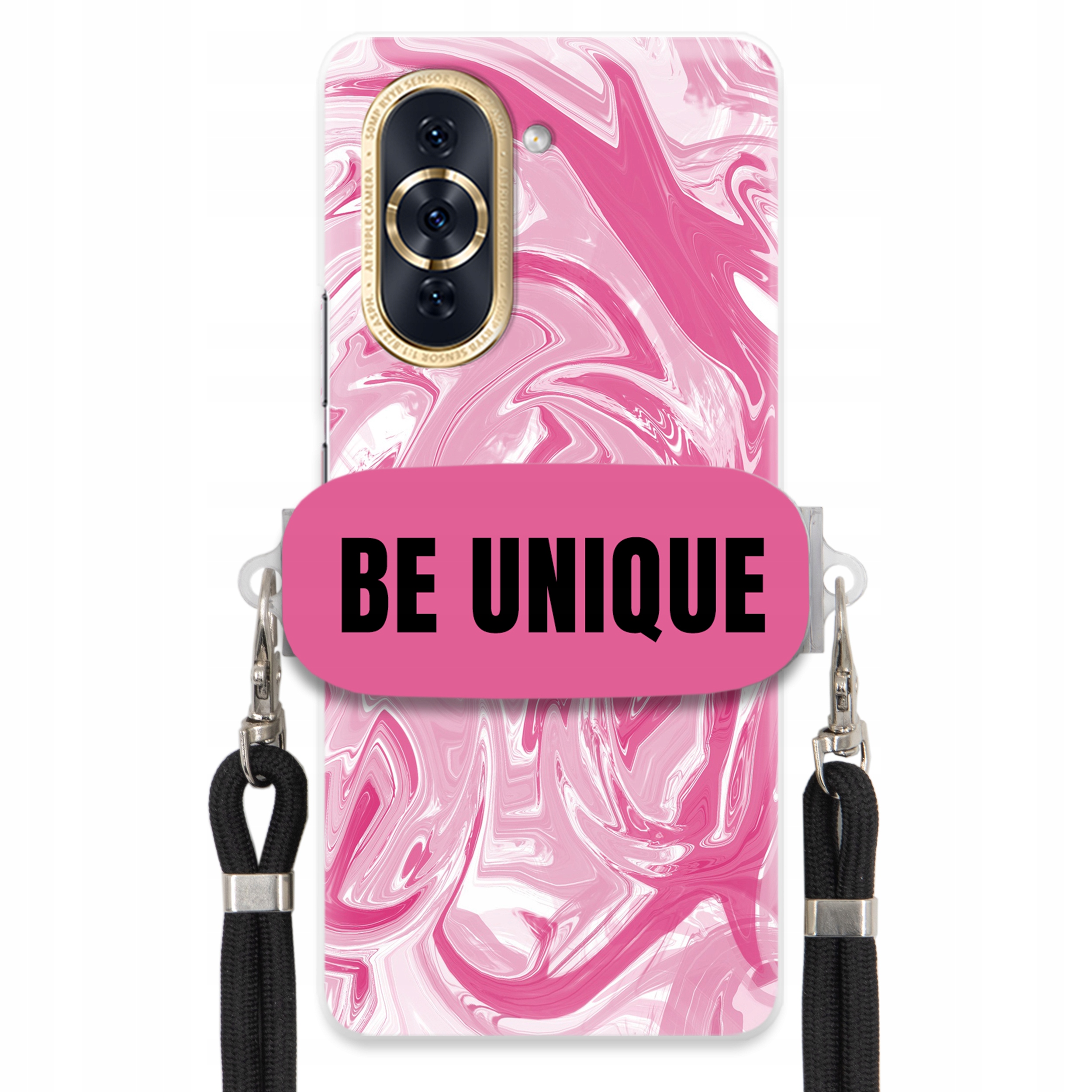 Puzdro pre Huawei Nova 10 Pro držiak na šnúrku Čierna ružová Mramor Unique