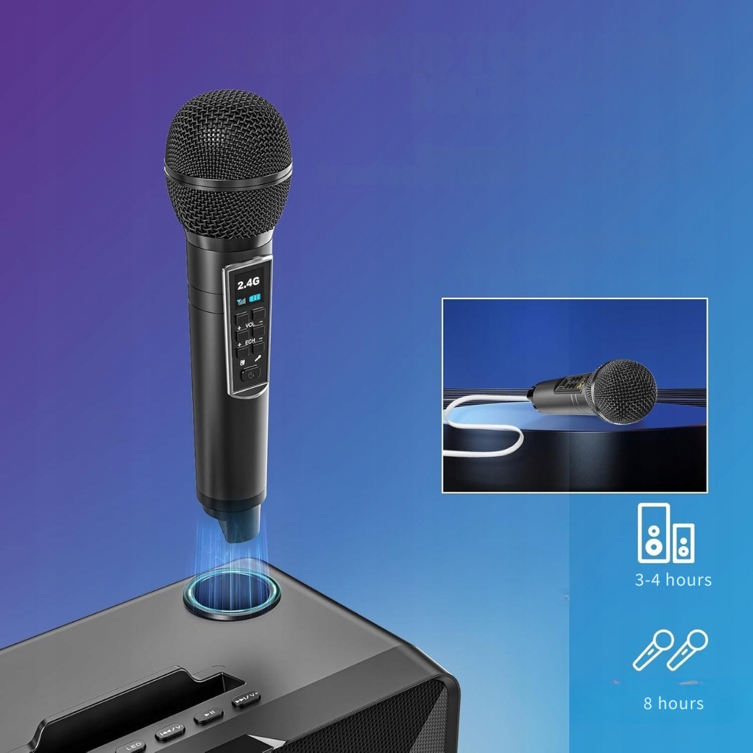 PRZENOŚNE KARAOKE MASZYNA Z GŁOŚNIKIEM BLUETOOTH I 2 MIKROFONAMI — miniatura 10