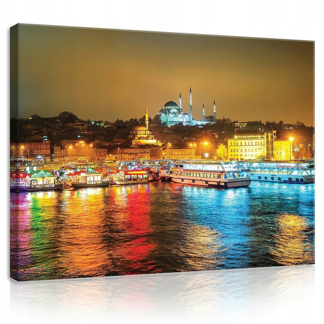 Obraz 70x50 Noční město světla odraz nábřeží lodě mešita Istanbul