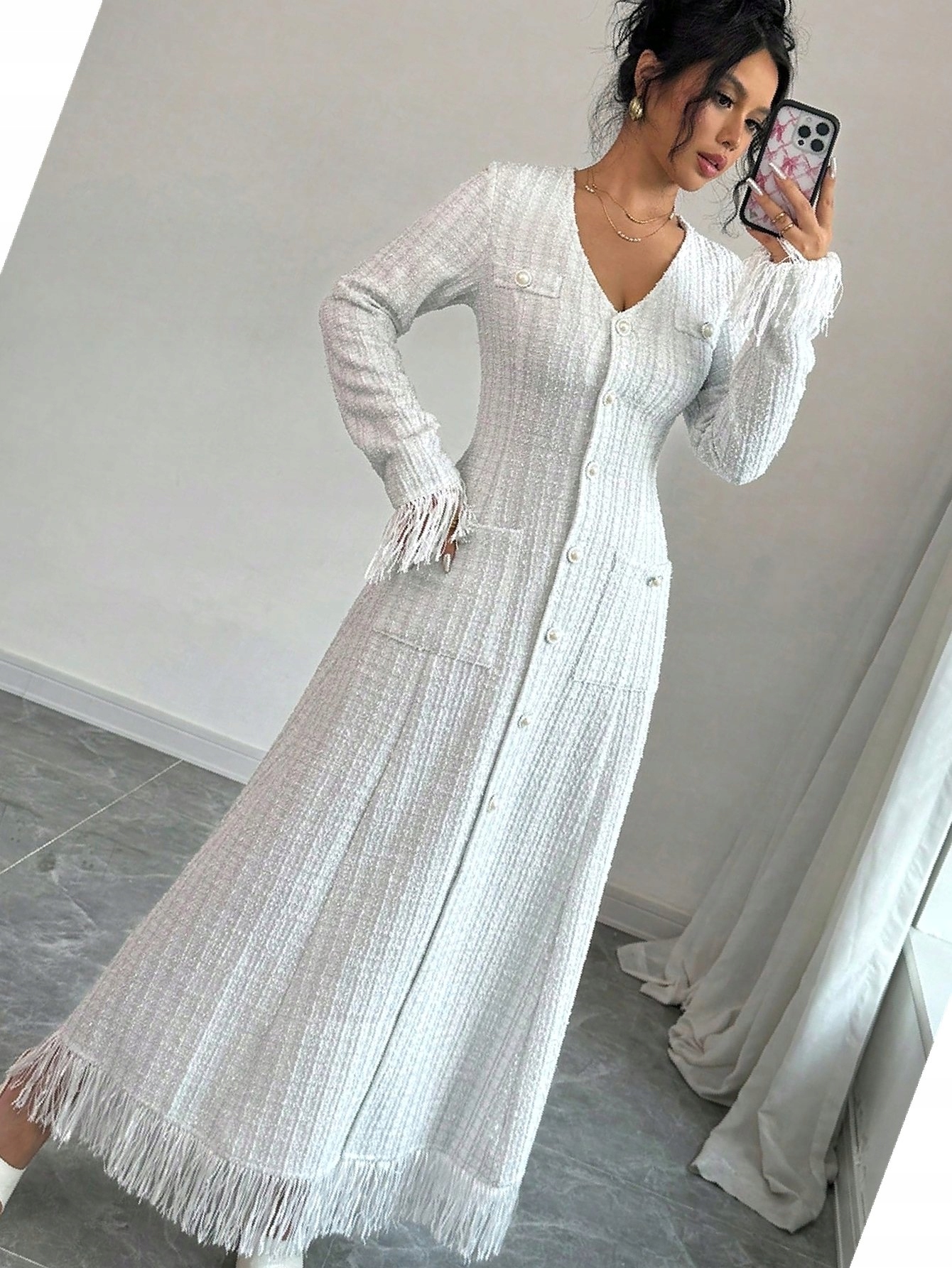 Šaty S Třásněmi Společenské Rozšířené Maxi Elegantní Bílé L 40