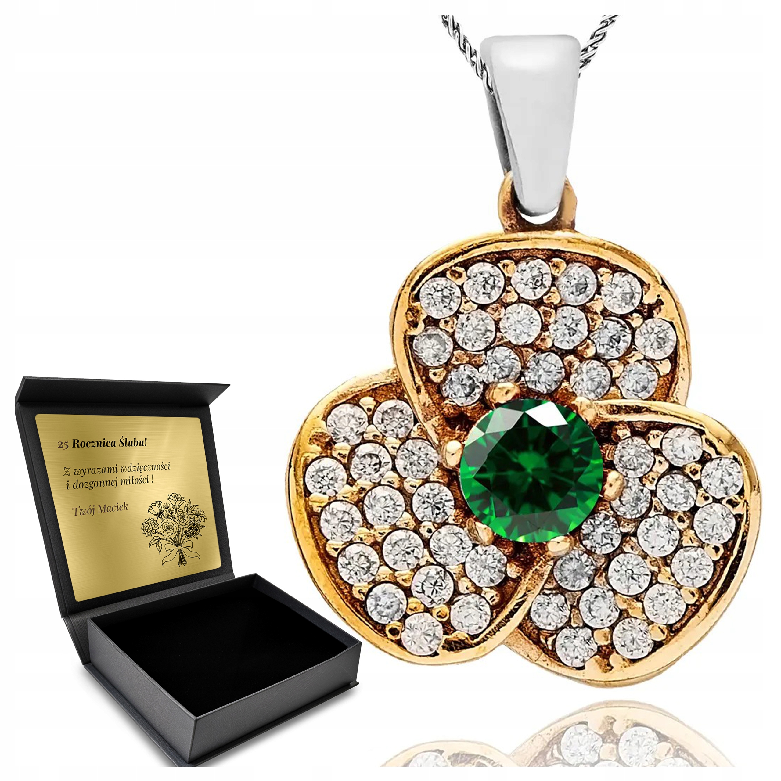 Náhrdelník Ze Stříbrný Řetízek Zirkony Přívěsek Se Zirkony, Smaragd Gravírování