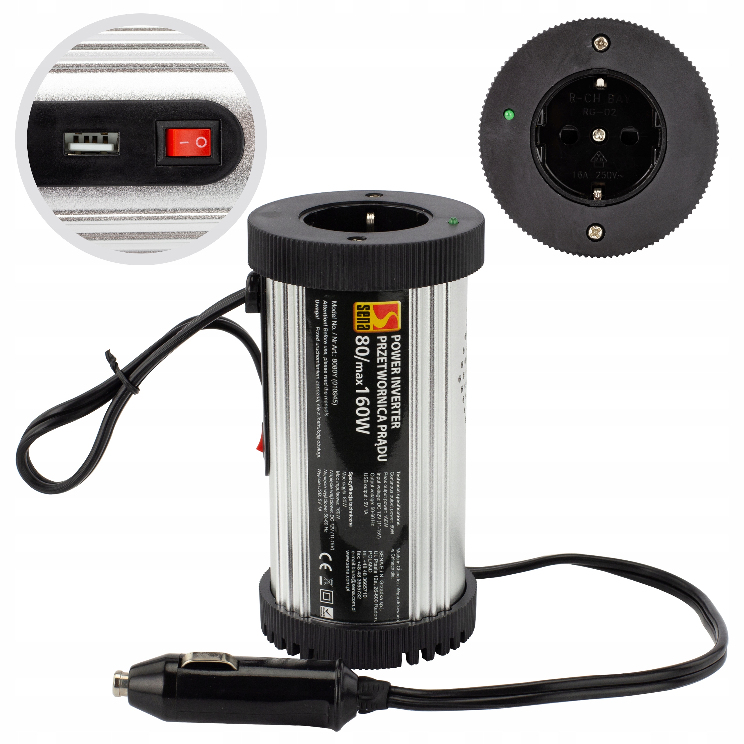 

Przetwornica Samochodowa Usb 12V 230V 80/160W Sena