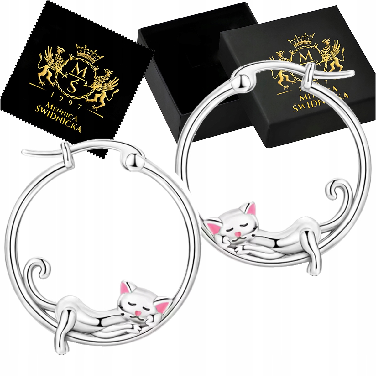 Kolczyki Koła z Kotkiem Srebro 925 Angielskie Zapięcie Motyw Kota