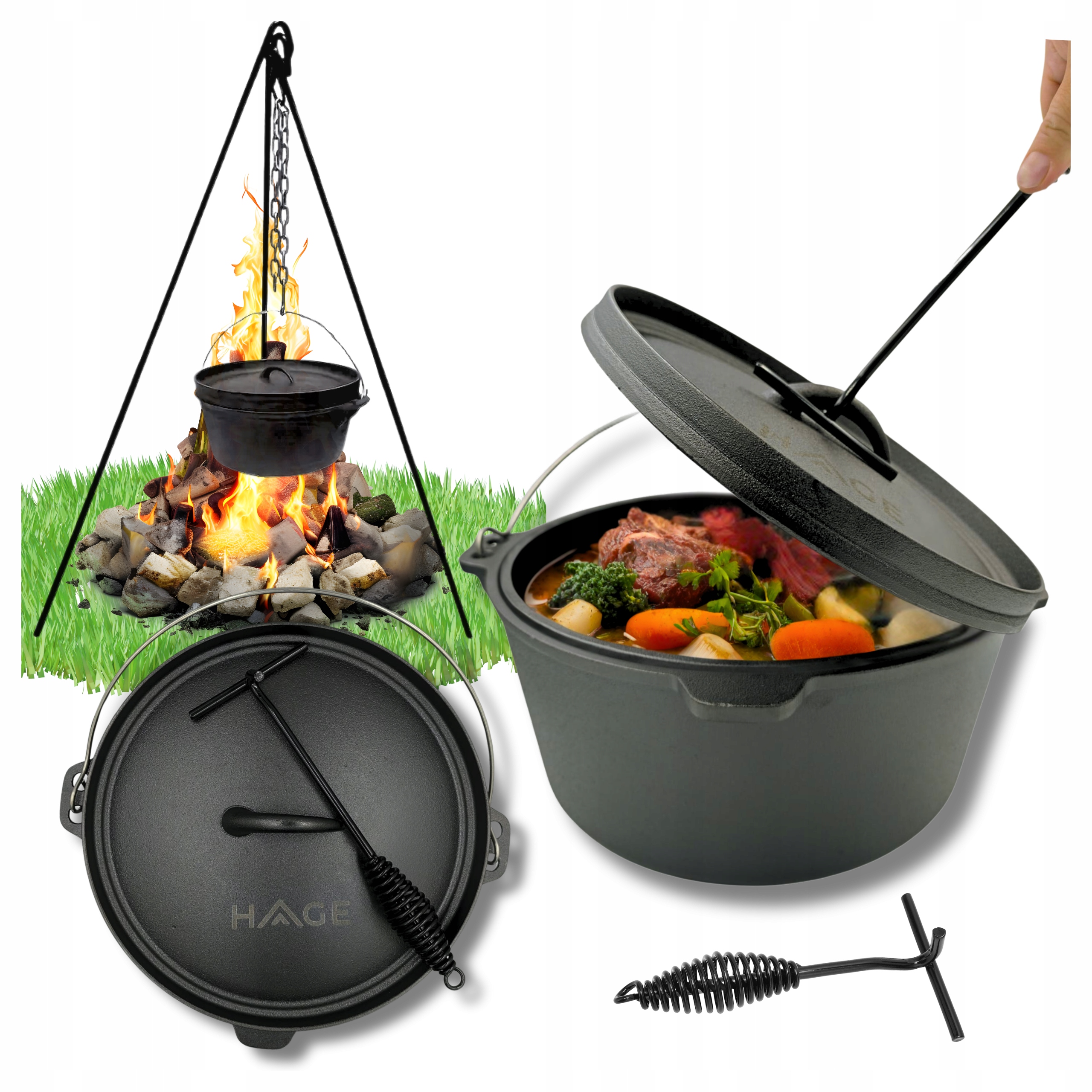 Litinový Závěsný Lovecký Hrnec Maďarský 7,2 L Na Ohniště A Gril