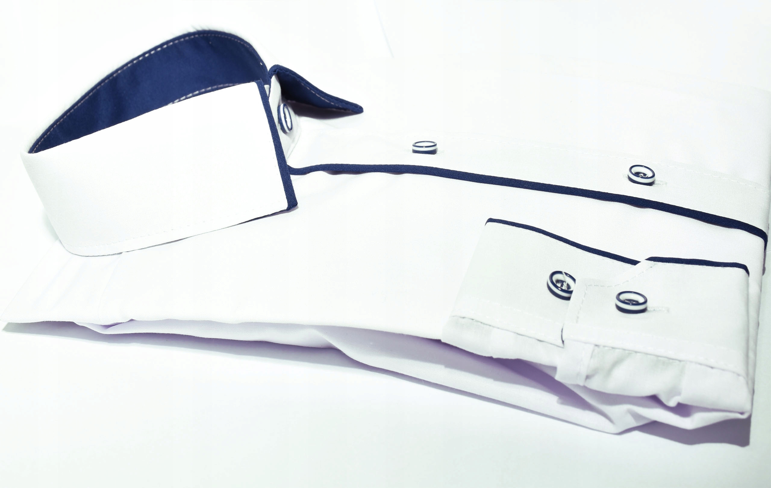 Koszula chłopięca BIAŁA Z GRANATOWYM elegancka wizytowa 146/152 SLIM Rozmiar 146