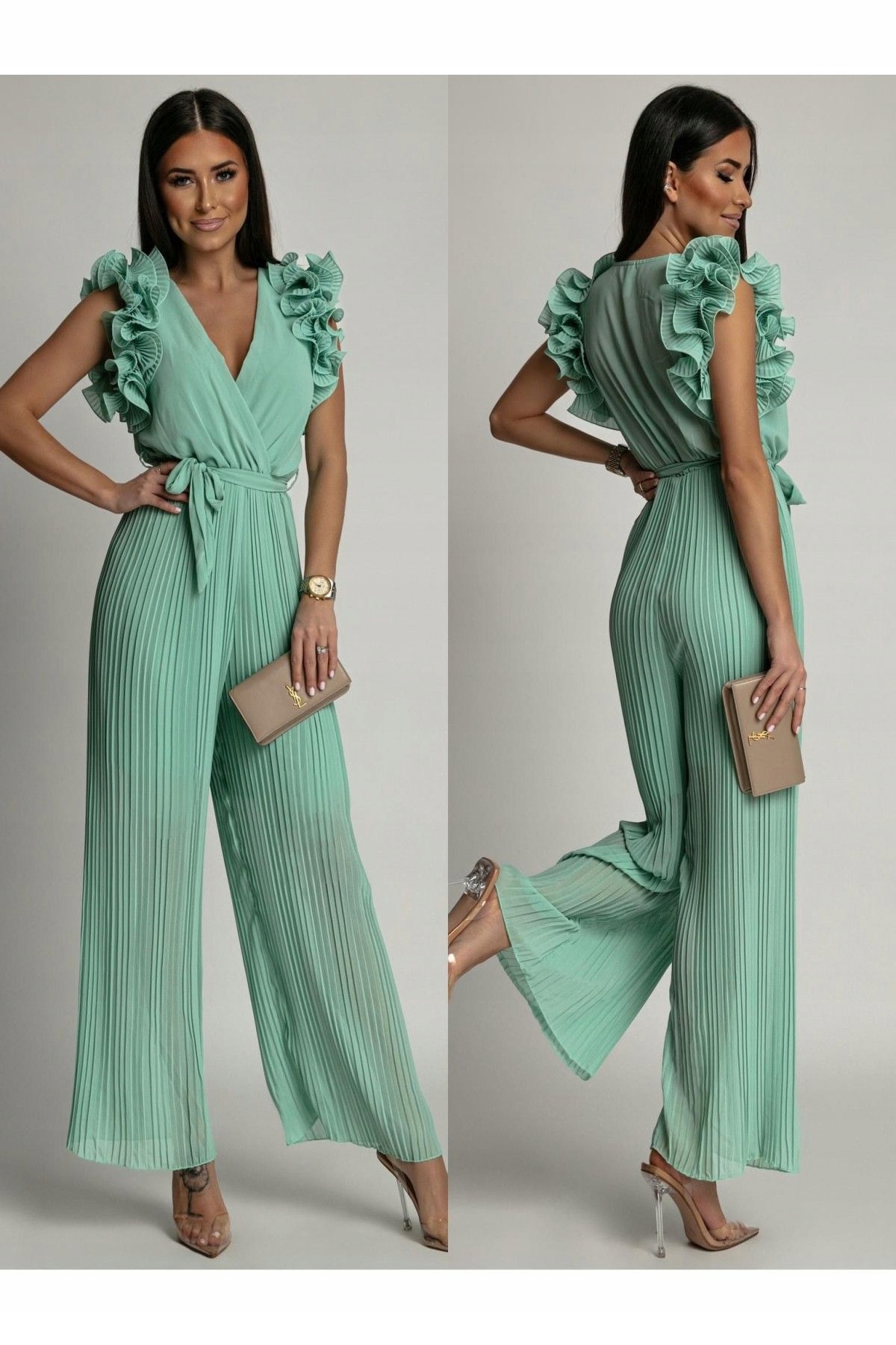 NIkita zielony plisowany elegancki kombinezon z paskiem Model Nikita