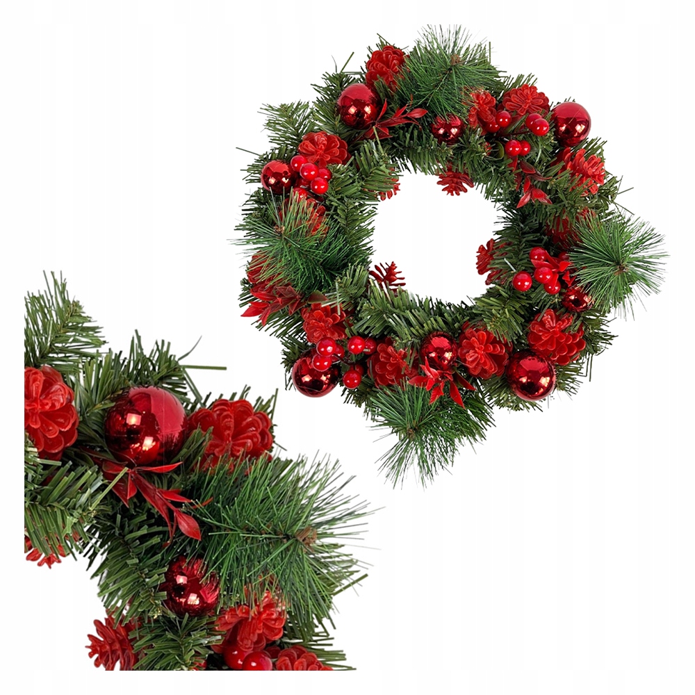 Zelený vánoční věnec s červenými ozdobami a jeřabinami 36 cm