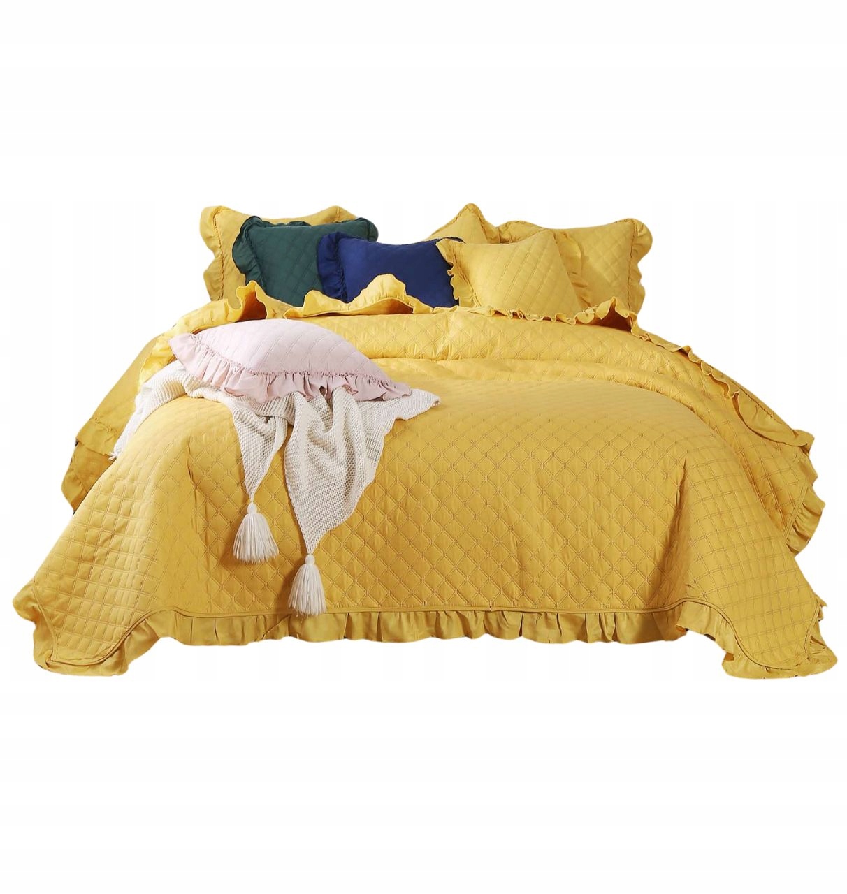 Dekorativní přehoz Ruffy 240x260 prošívaný s volánkem, hořčicová barva