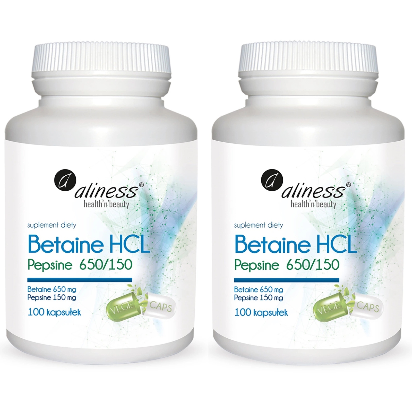 Aliness Betaine Hcl i Pepsyna Enzymy 2x 100 kapsułek Trawienie Kwas solny