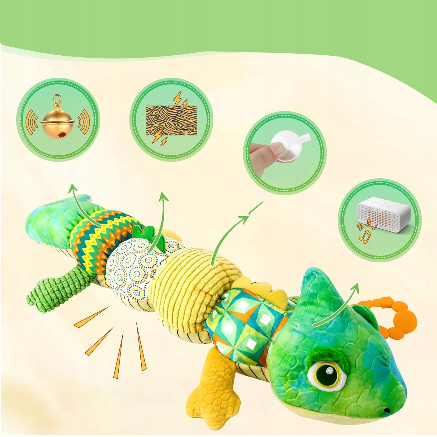 PLUSZOWA ZABAWKA KAMELEON SENSORYCZNA GRYZAK PISZCZAŁKA GRZECHOTKA MUZYKA Wiek dziecka 0 +