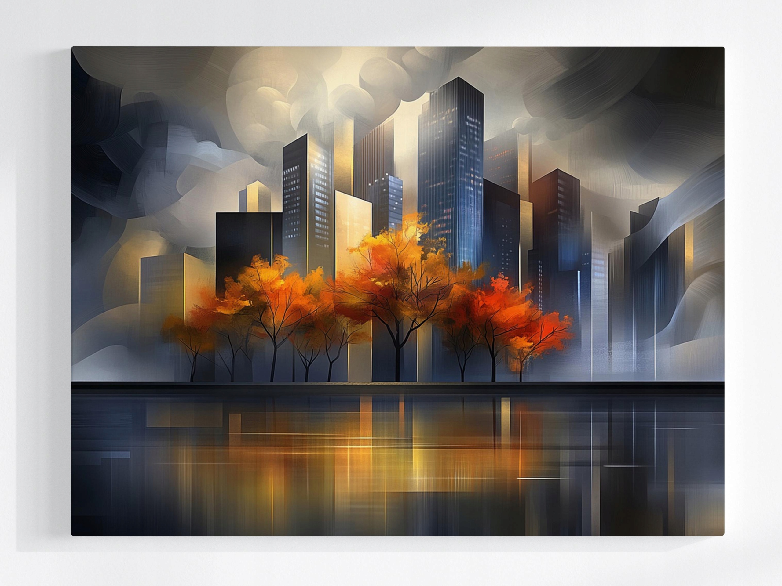 Obraz Na Plátně Canvas Město Mrakodrapy Stromy Podzim Voda Odraz 100x75