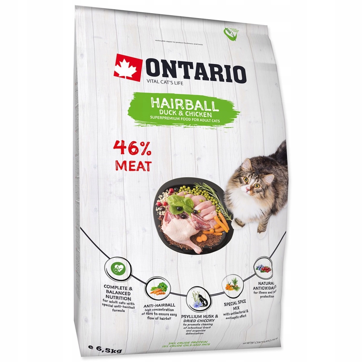 Levně Krmivo Ontario Cat Hairball 6,5kg