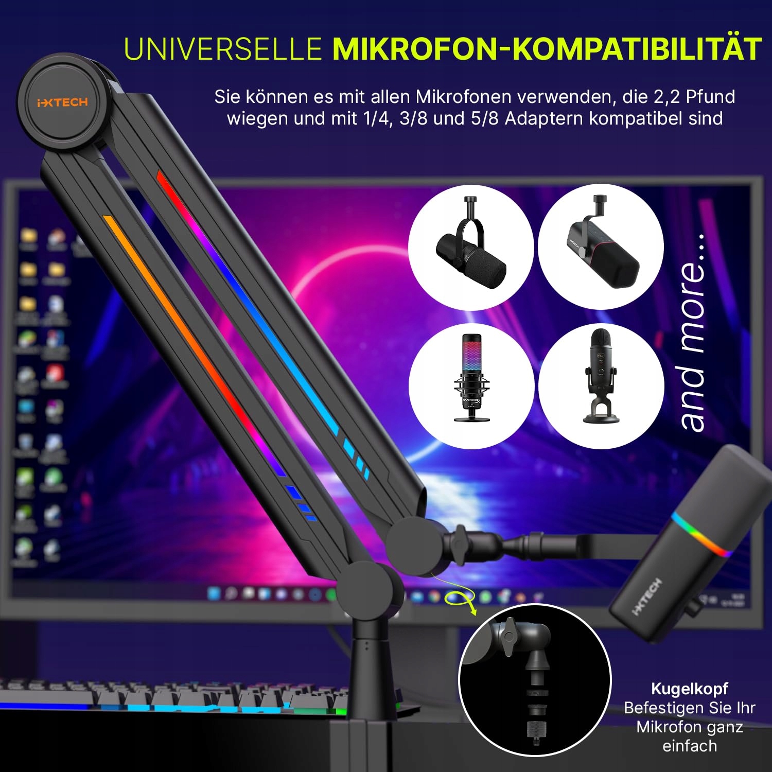 IXTECH RGB Wysięgnik Mikrofonowy Do Streamingu I Gier Regulowany Uchwyt — miniatura 4