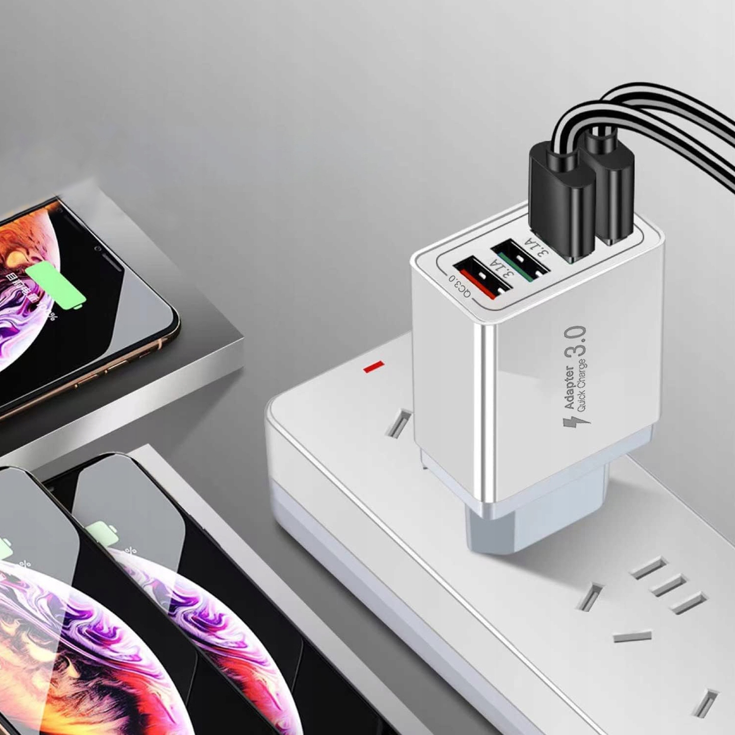 4 PORTY WIELE WTYCZEK DO ŁADOWANIA QC3.0 ŁADOWARKA USB DLA IPHONE GALAXY Kolor biały