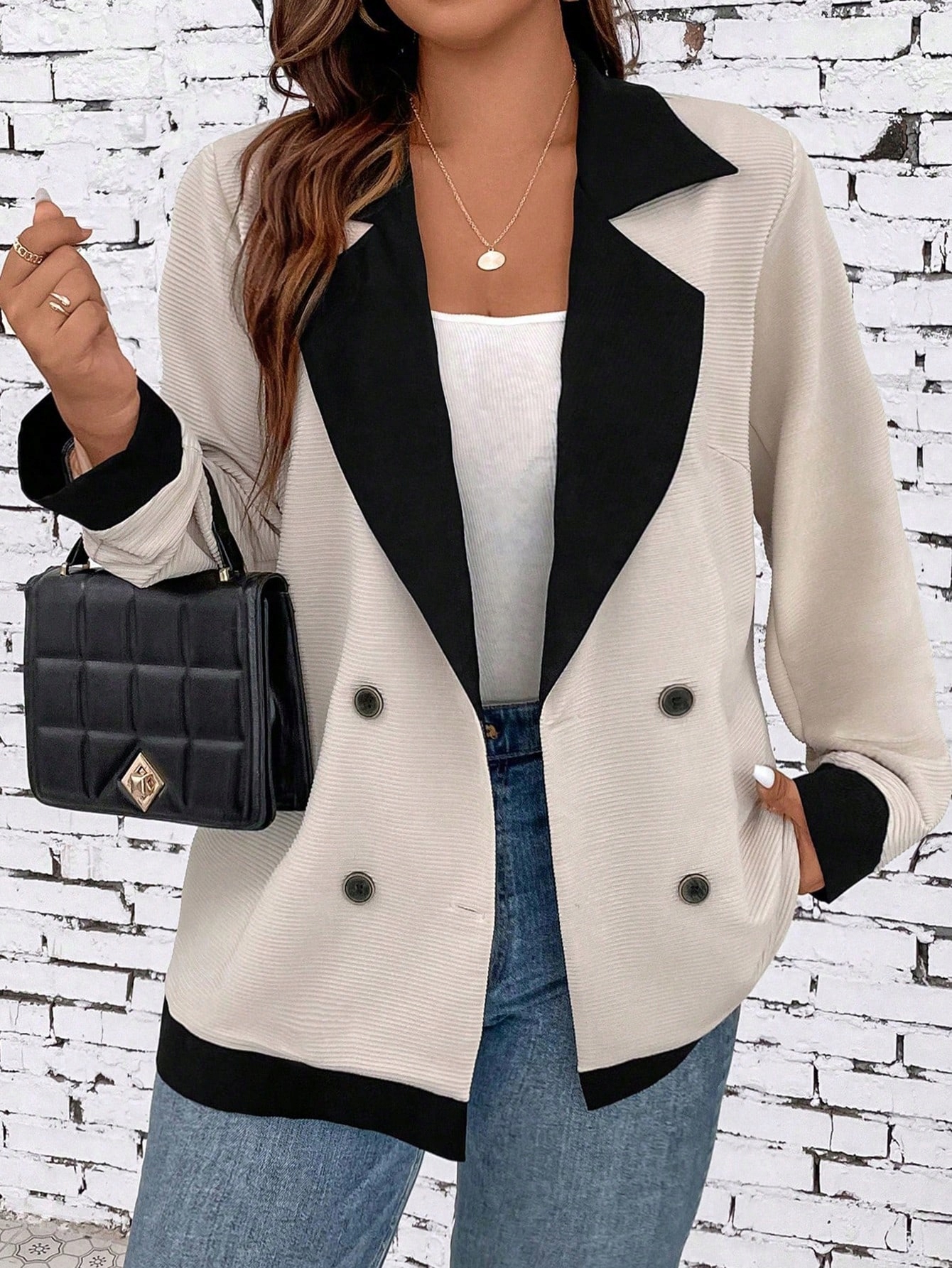 Sako Texturované Béžové S Kontrastním Límcem Casual Shein 54