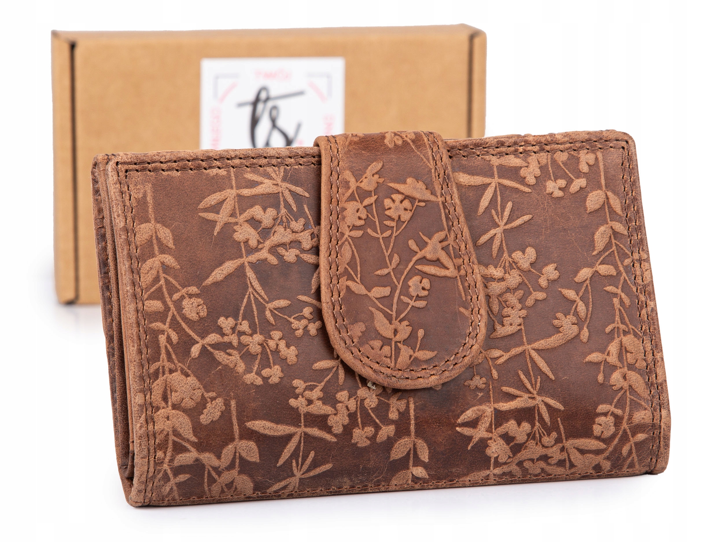 Dámská kožená peněženka lisovaná do vintage květin, velká, matná, tmavě hnědá