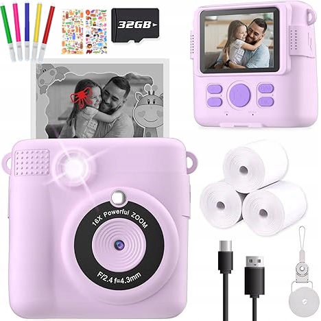 Mini Tepelná Tiskárna S Fotoaparátem Pro Děti 3 Role Papíru 1080P Fialová