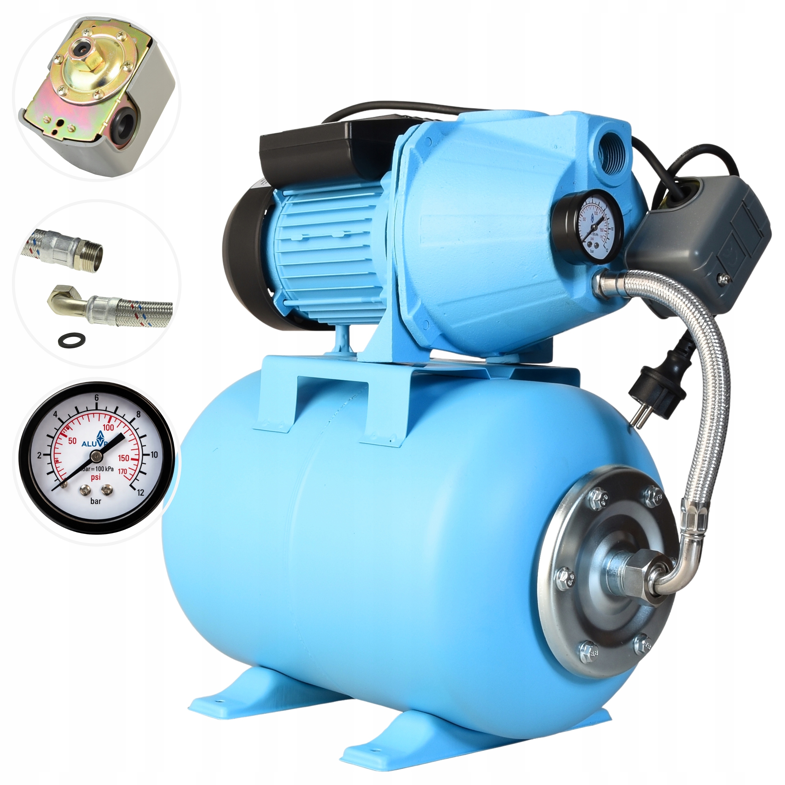 Hydrofor Na Vodu 24 L Čerpadlo S Příslušenstvím 1100 W 60 L/min Nádrž Kompletní Sada