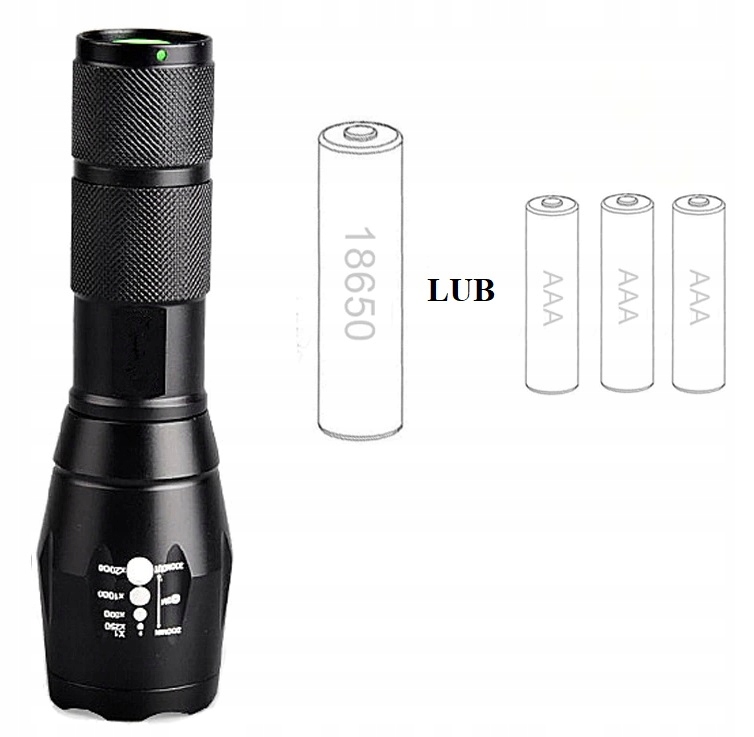 MOCNA LATARKA TAKTYCZNA LED USB WOJSKOWA AKUMULATOR ZOOM NA BIWAK KEMPING Liczba trybów 5