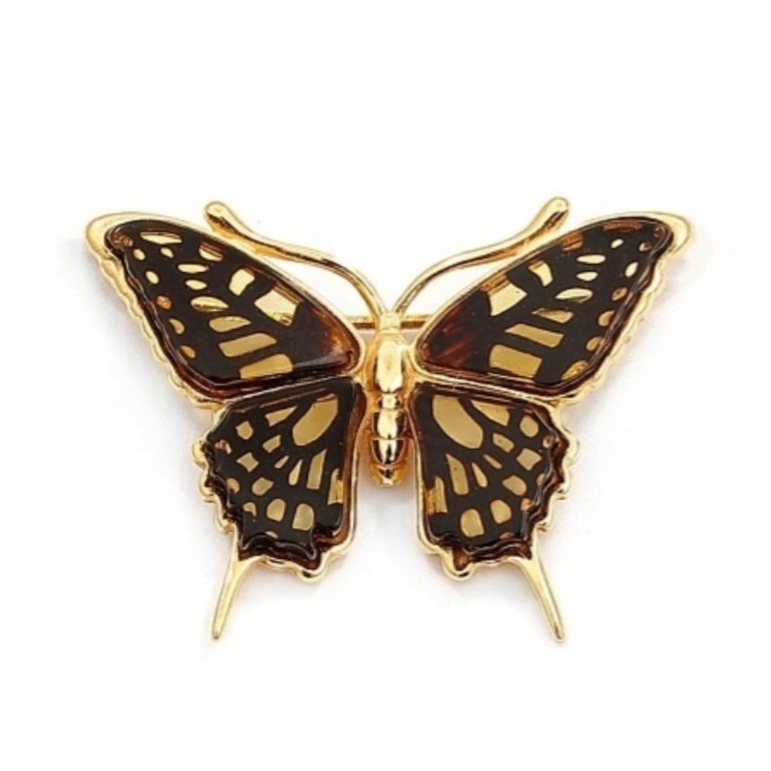 Zlatá Brož Přívěsek Motýl Baltský Jantar Stříbro Pozlacený