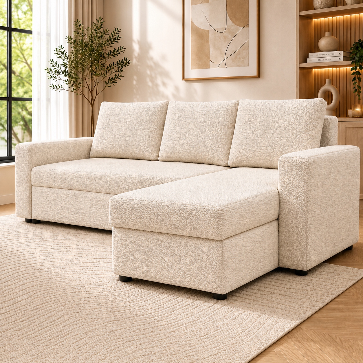 Rohová Sedací Souprava s funkcí spaní Teddy 220 cm beránek boucle, úložný box Bonell DL