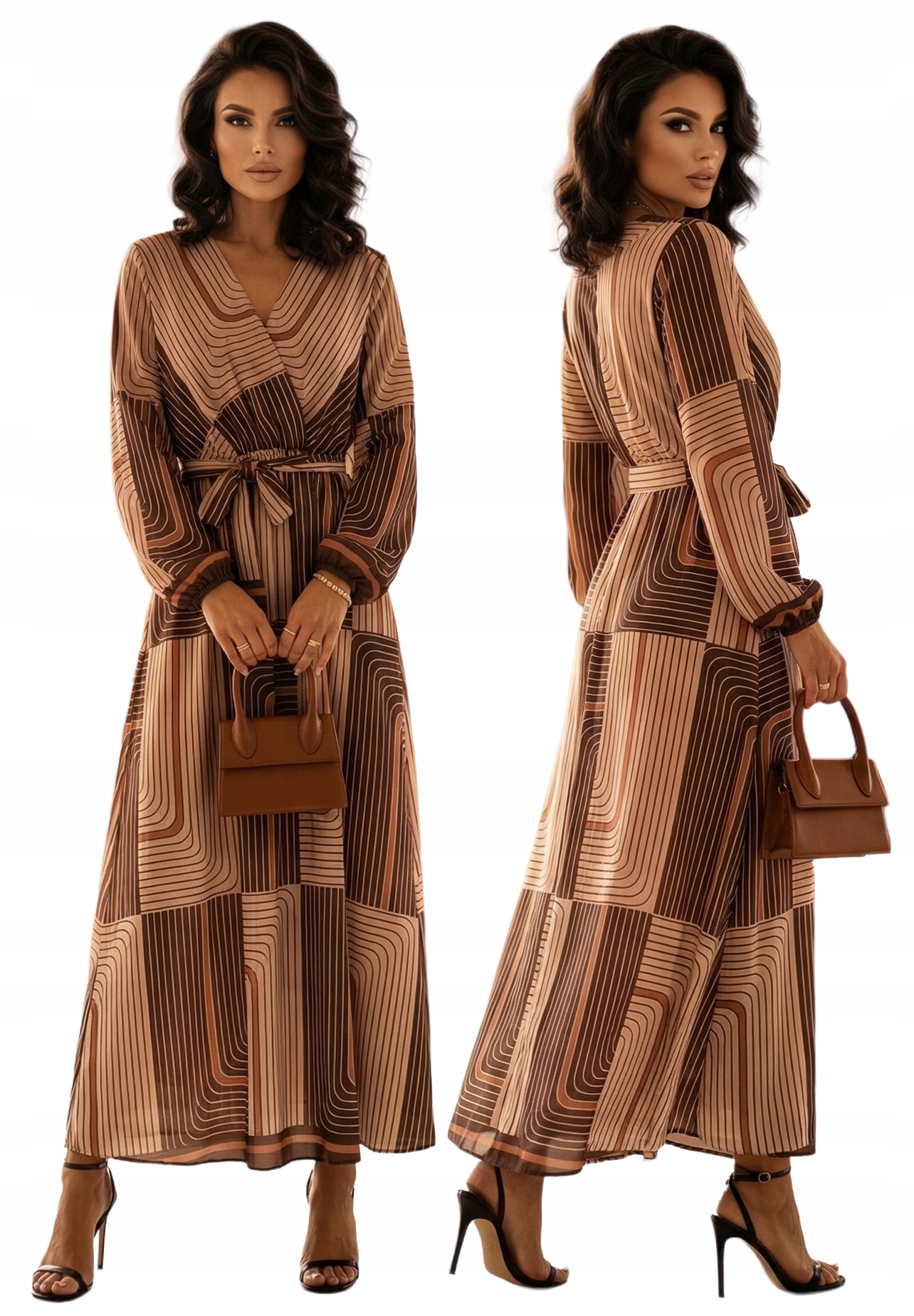 Šaty Dlouhá Maxi Hnědá Geometrické vzory s podšívkou Pásek Boho