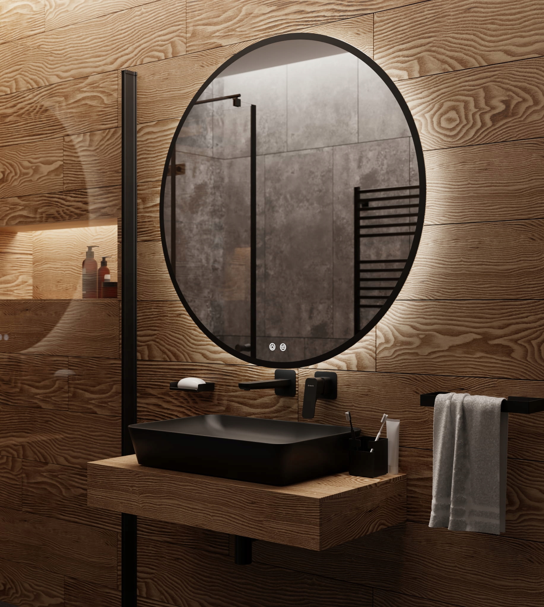 Lustro Okrągłe LED W Czarnej ramie 80CM LOFT Marka SWISS-LINIGER