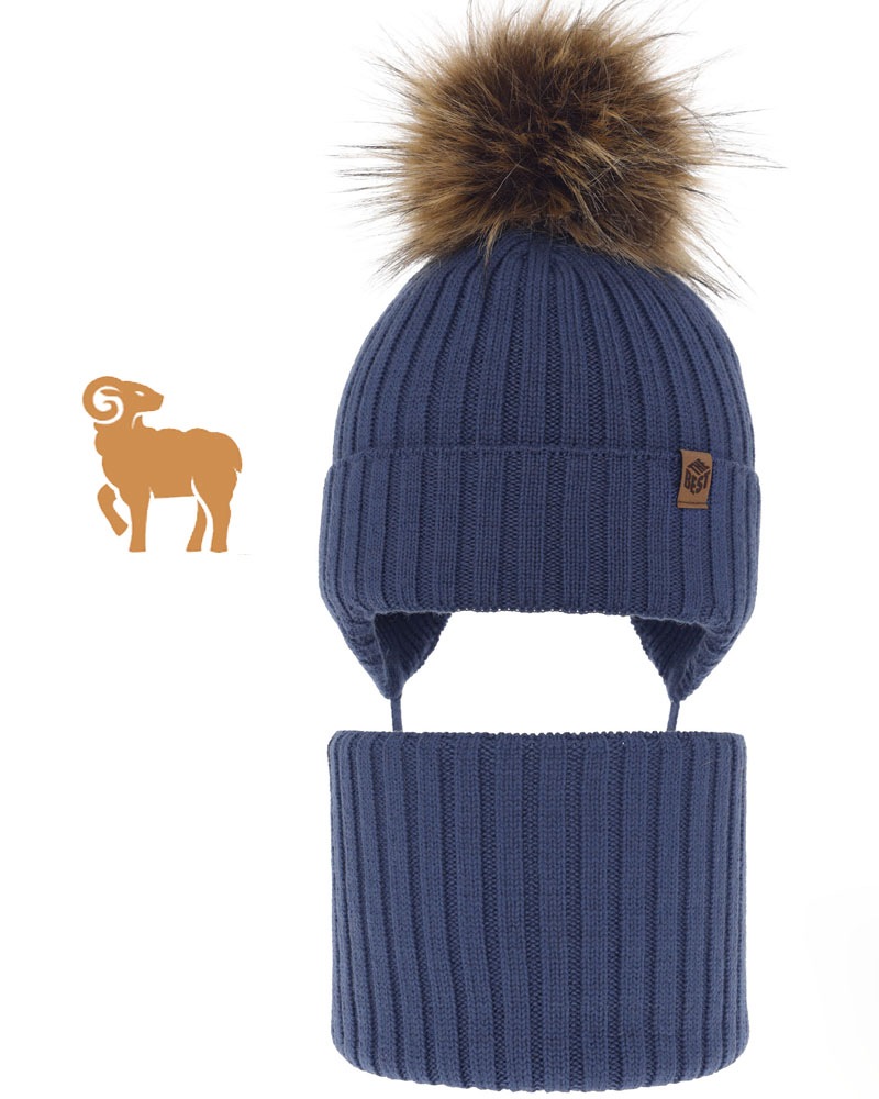 Jeansowy Ciepł komplet zimowy Czapka wiązana Komin 46-48 Wełna Merino 9m-4