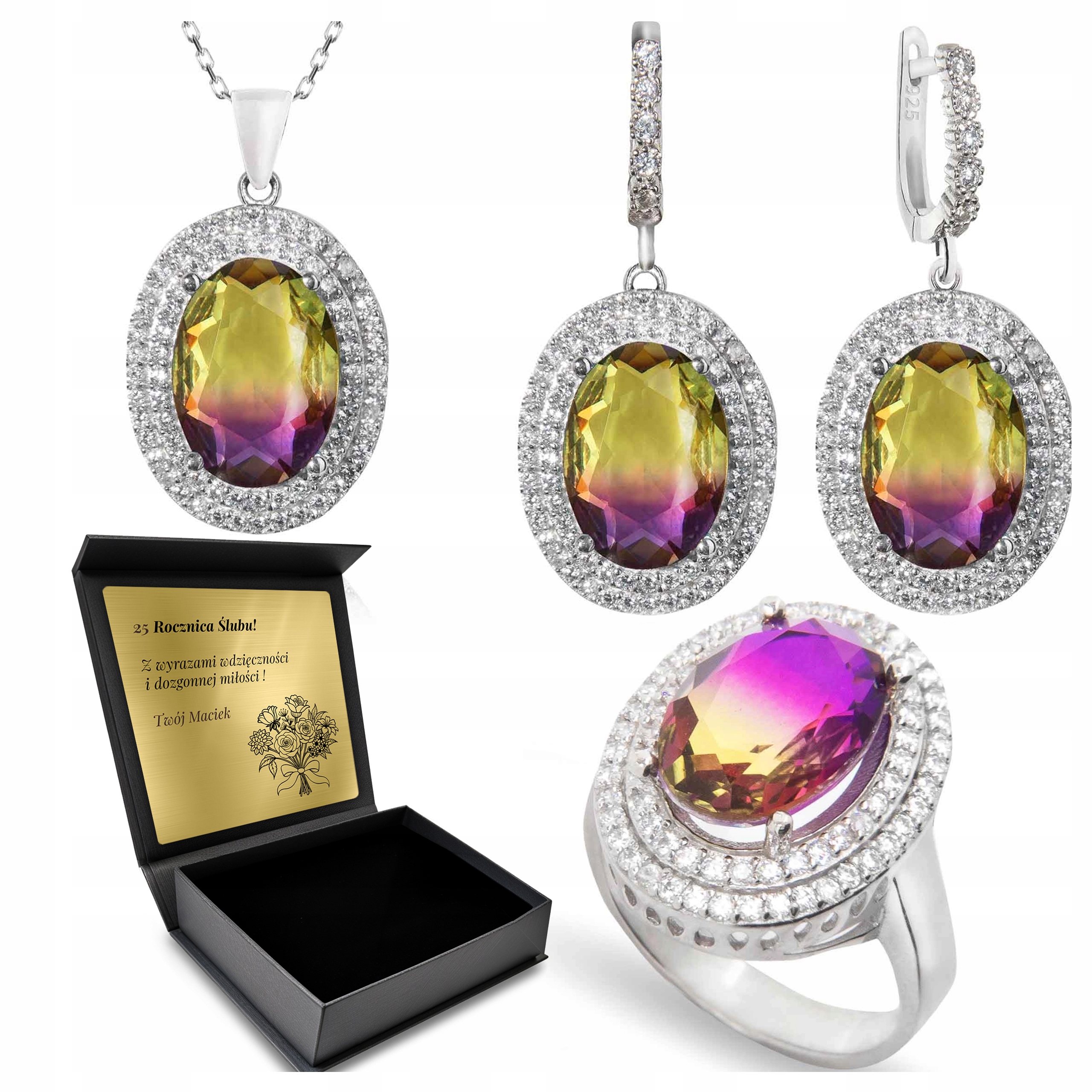 Sada Stříbrných Šperků 925 S Ametrinovými Zirkony pro ženy Gravírování