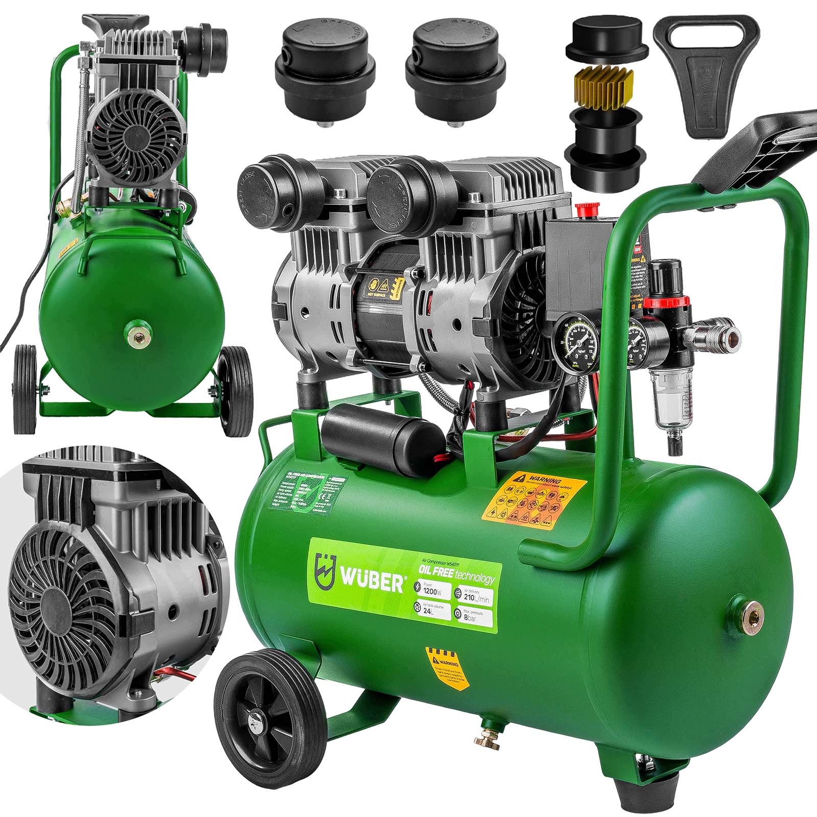 Kompresor Samochodowy Sprężarka Powietrza 8 Bar 1200W 2-TŁOK Bezolejowy 24L