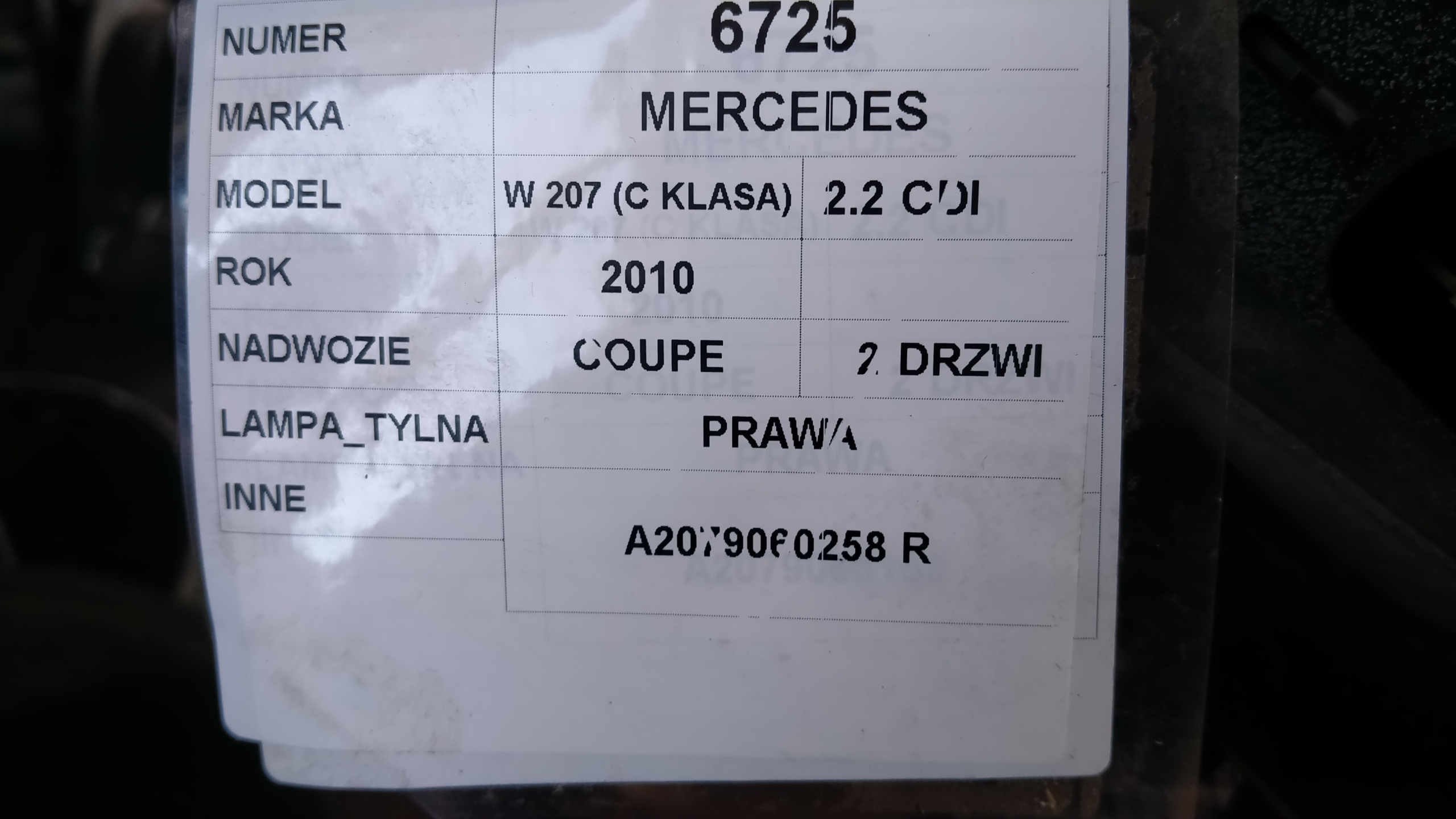 Mercedes W207 coupe light rear right A2079060258R