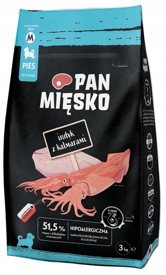 Hypoalergenní krmivo pro středně velká štěňata Pan Mięsko Krůta &amp; Kalamáry 3kg