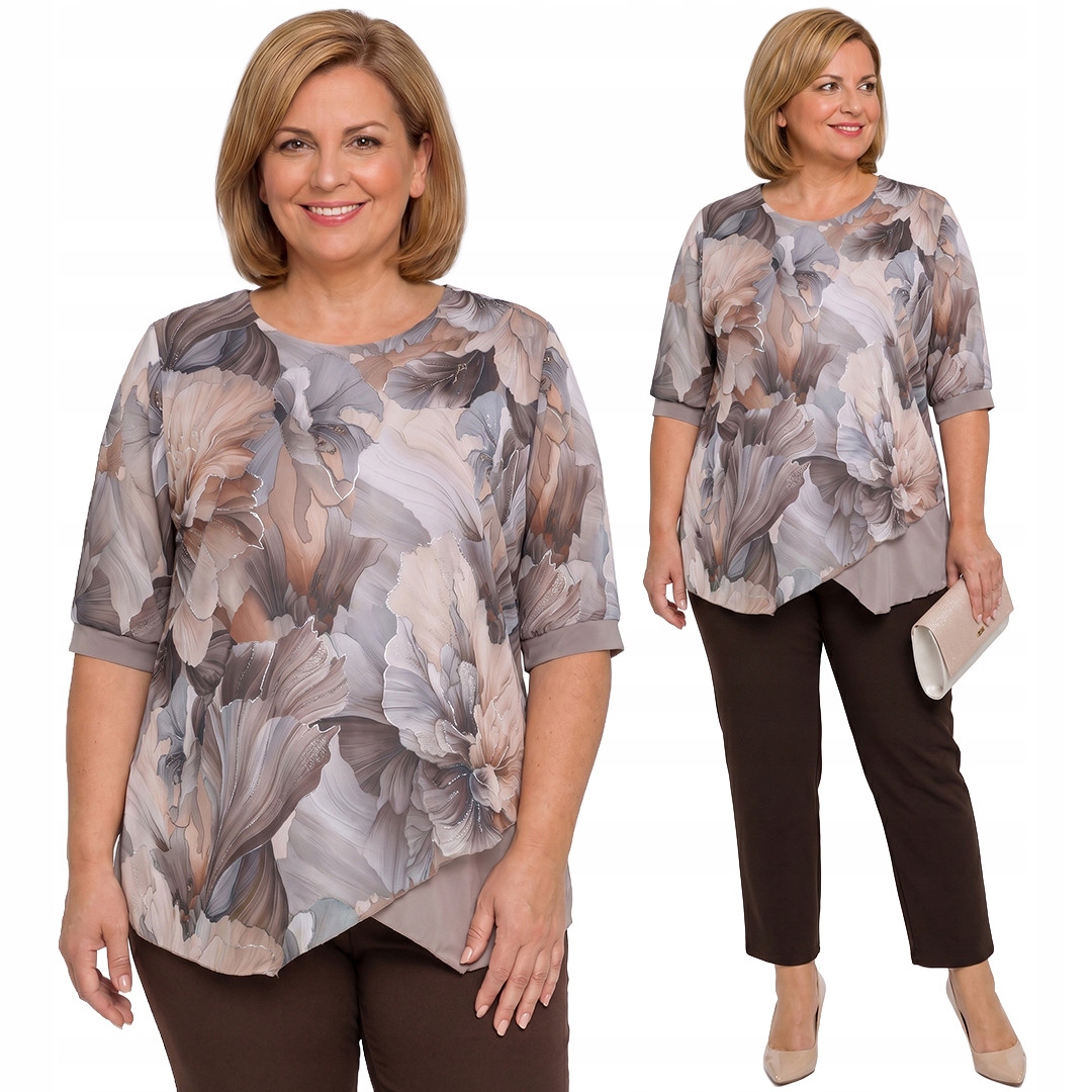 Stříbrno-béžové tričko s květinami plus size velikost 56