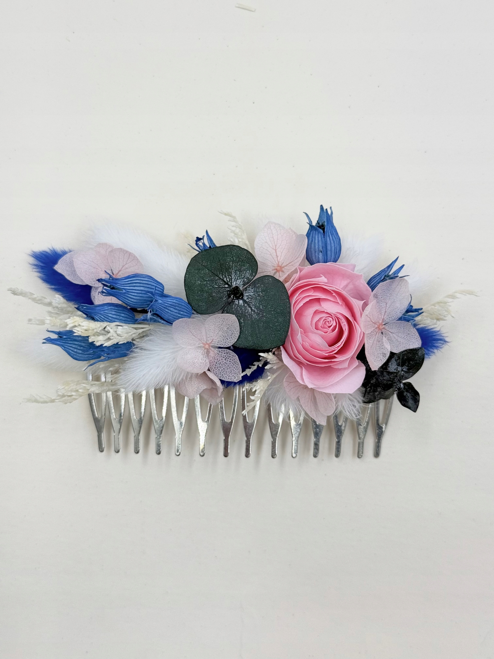 Modro-růžový hřeben na vlasy ze sušených a stabilizovaných květů