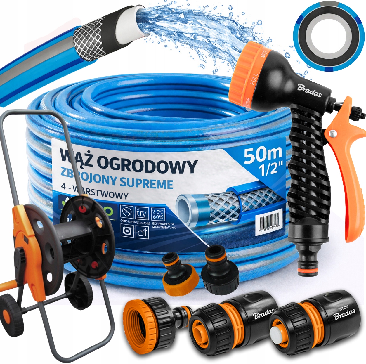 Hadice 1/2" 50 m 4 Vrstvy Supreme Pistole Vozík Sada Bradas