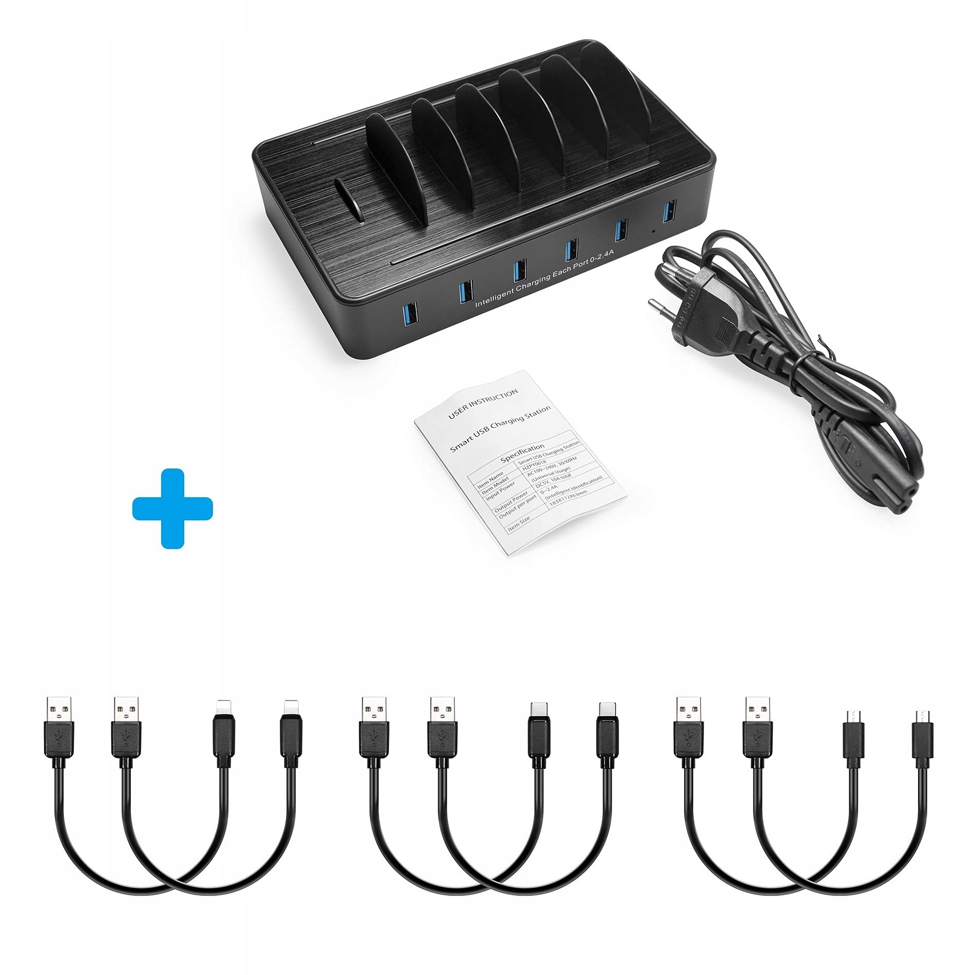 TECHDOT Stacja Ładowania USB 6 Portów Do Telefonów i Tabletów Z Kabli — miniatura 7