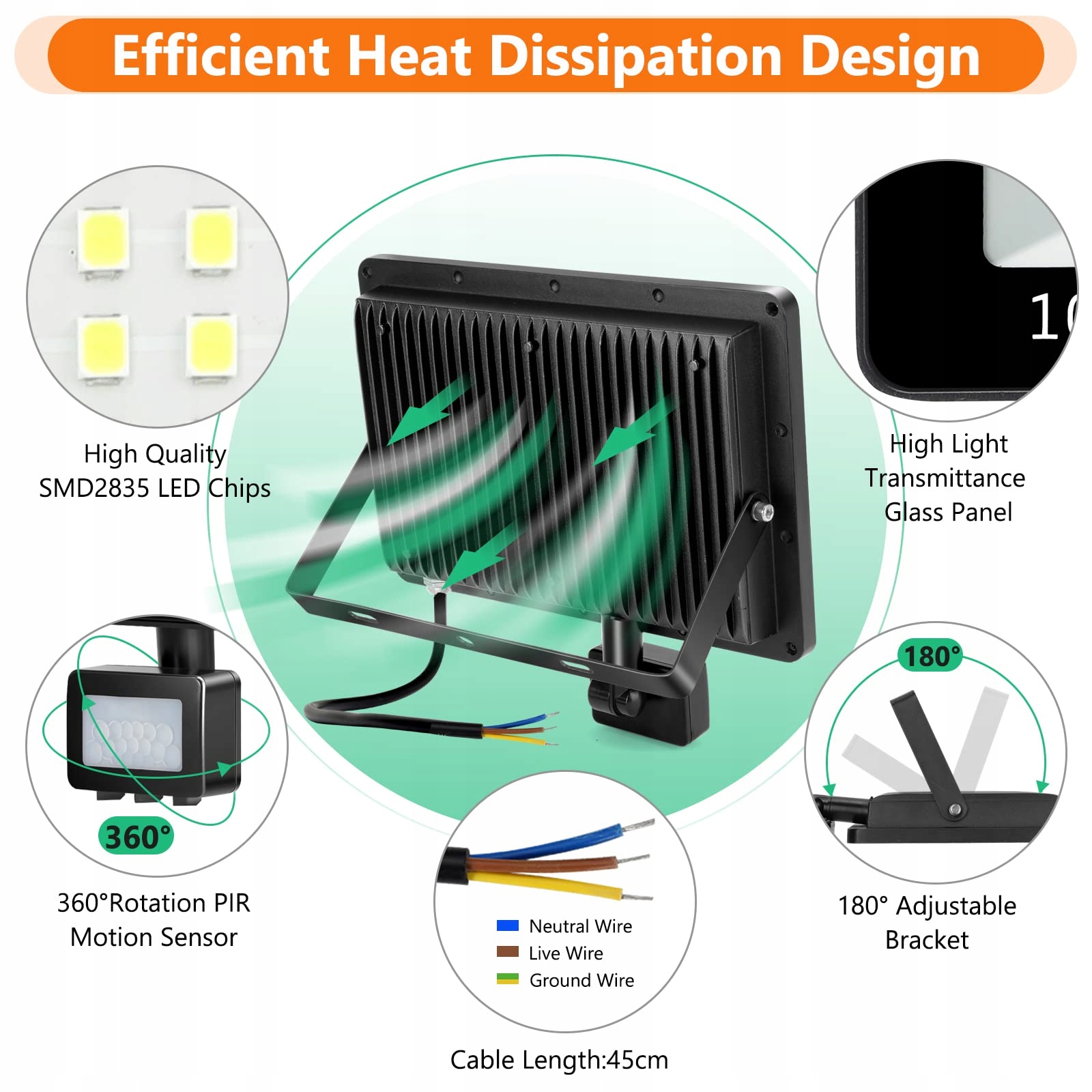 YIQIBRO Reflektor LED Z Czujnikiem Ruchu 100W 10000LM IP67 Na Zewnątrz — miniatura 4