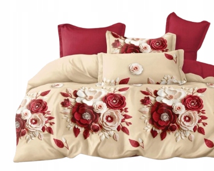 Pościel Czerwone kwiaty/krem 200x200 prześcieradło