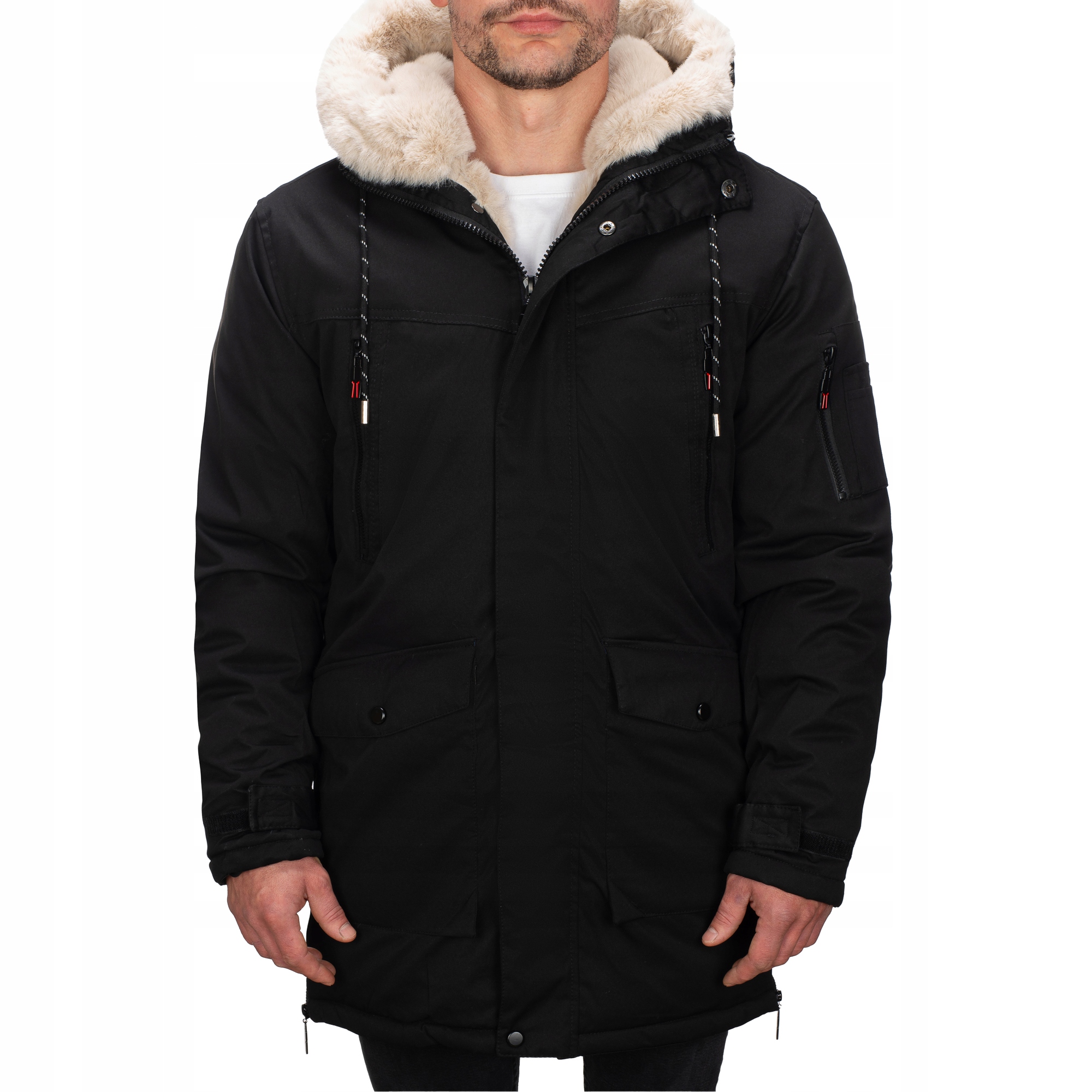 M3123-392 vel. M Pánská Zimní Parka Bunda Zateplená Kožešina Dlouhá