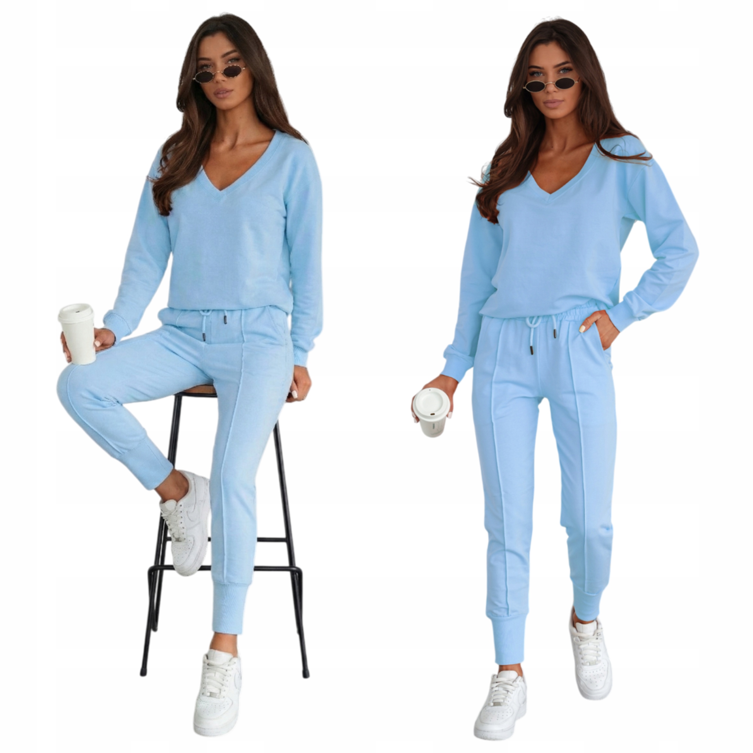 Dres Damski Bawełniany Piękny Dekolt W Serek Komplet Niebieski L