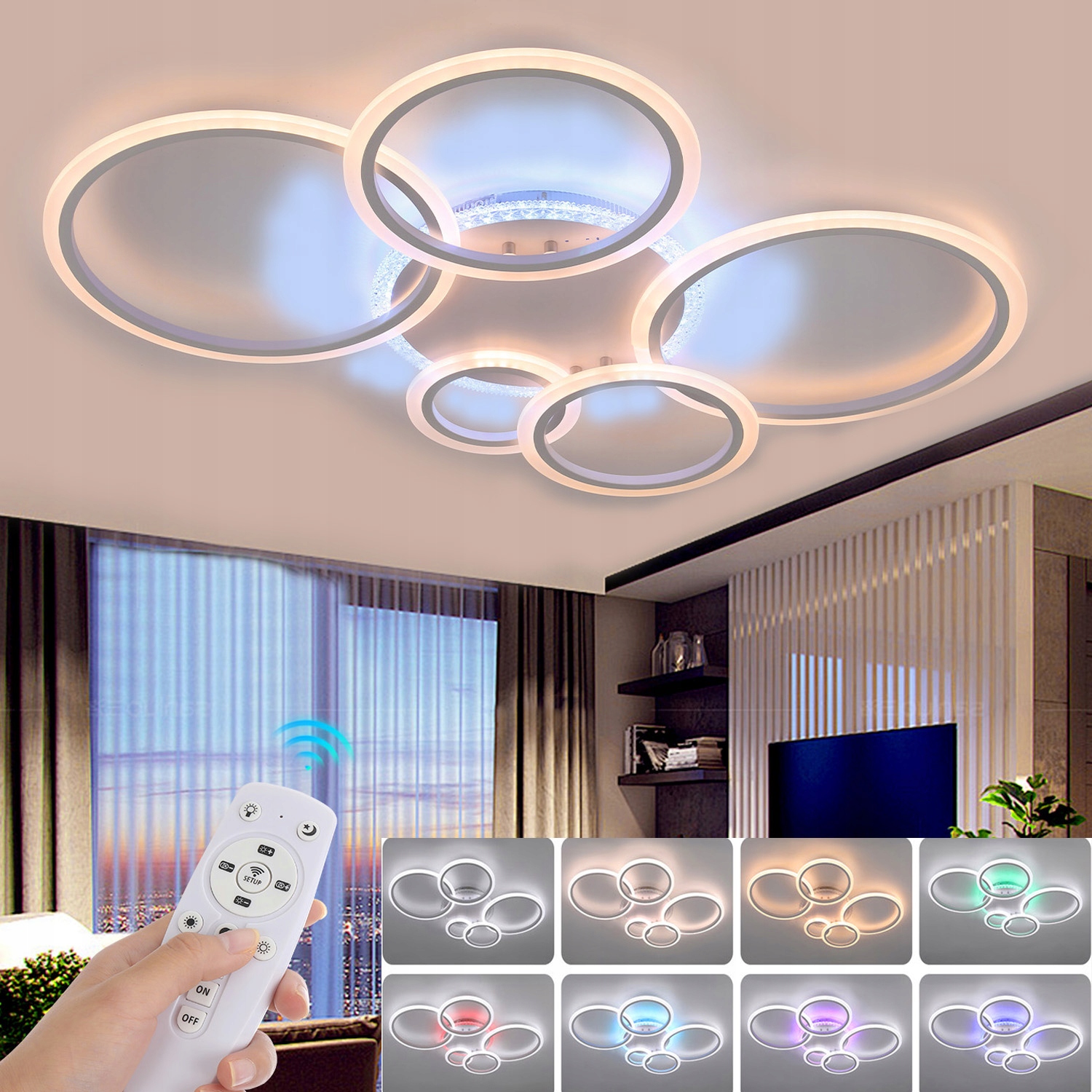 LAMPA SUFITOWA LED 5 OKRĘGÓW 80W Z PILOTEM, ZMIANA KOLORÓW, ŻYRANDOL