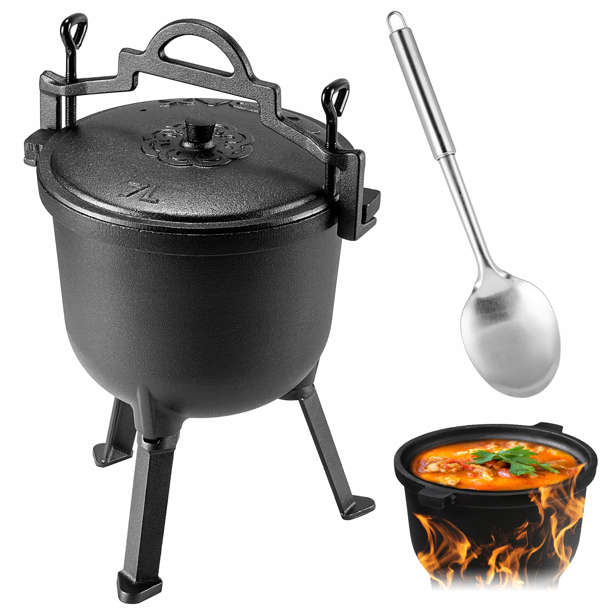 Litinový Lovecký Kotlík 7 L Hrnec Na Grilovací Ohniště Lžíce Bonus