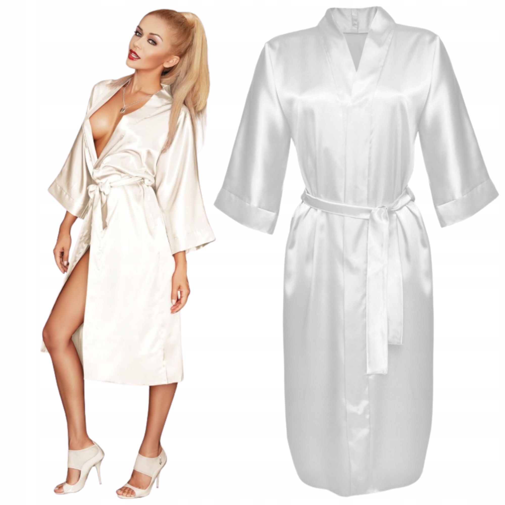 Dámský saténový župan Dlouhý Župan Zavazování v pase Kapsy ecru XL