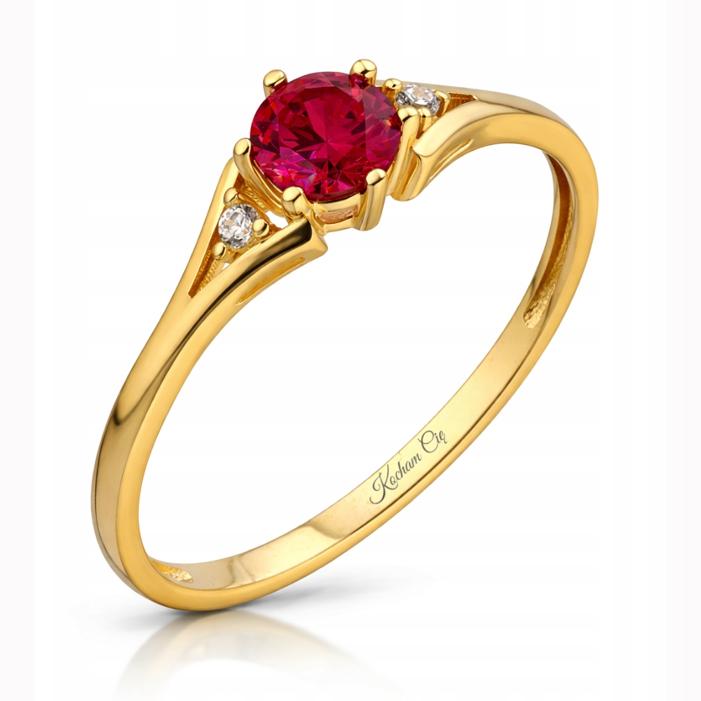 Złoty Pierścionek 585 Zaręczynowy Z Rubinem I Diamentami Grawer